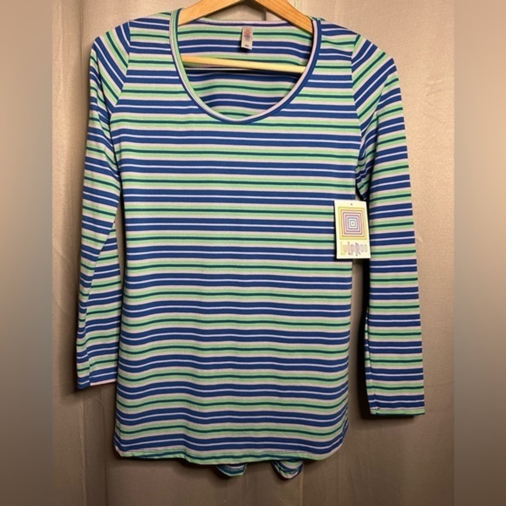 LuLaRoe Lynnae Top XS Blue Green Lavender Striped Long Sleeve High Low Hem NWT